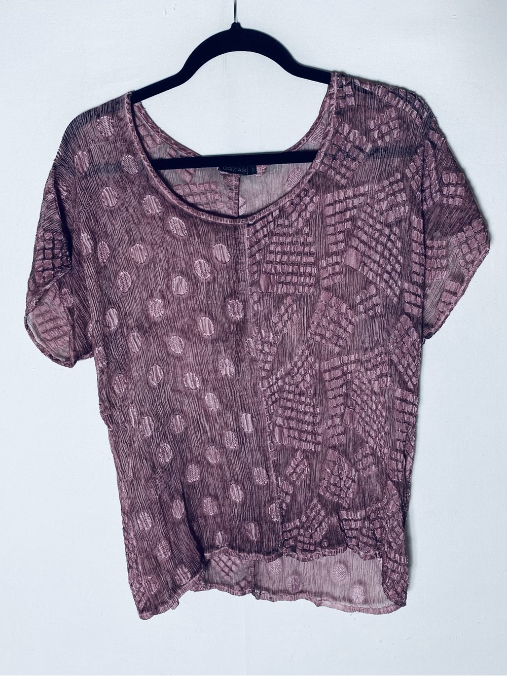 Grizas Silk Viscose Crinkle Blouse Mixed Print Polka Dot Geometric Top M Boho